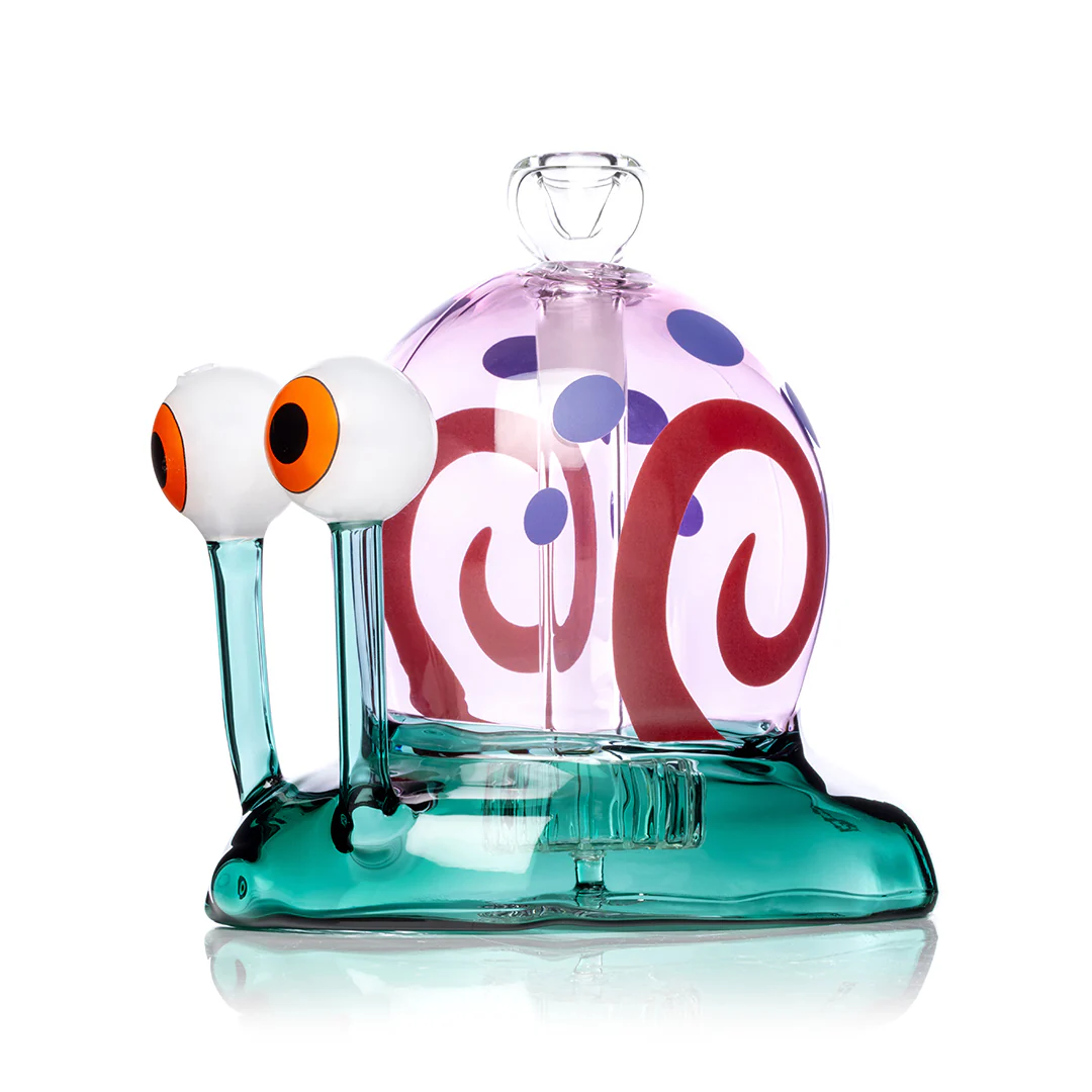 Snail XL Bong with handcrafted snail design, large eyeballs, vibrant orange eye and shell decals, built for smooth, enjoyable smoke sessions.