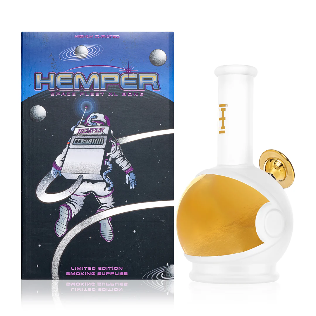 Space Fleet XL Bong with astronaut helmet design, frosty finish, golden visor, large chamber for smooth hits, and durable glass for space-themed smoke sessions.