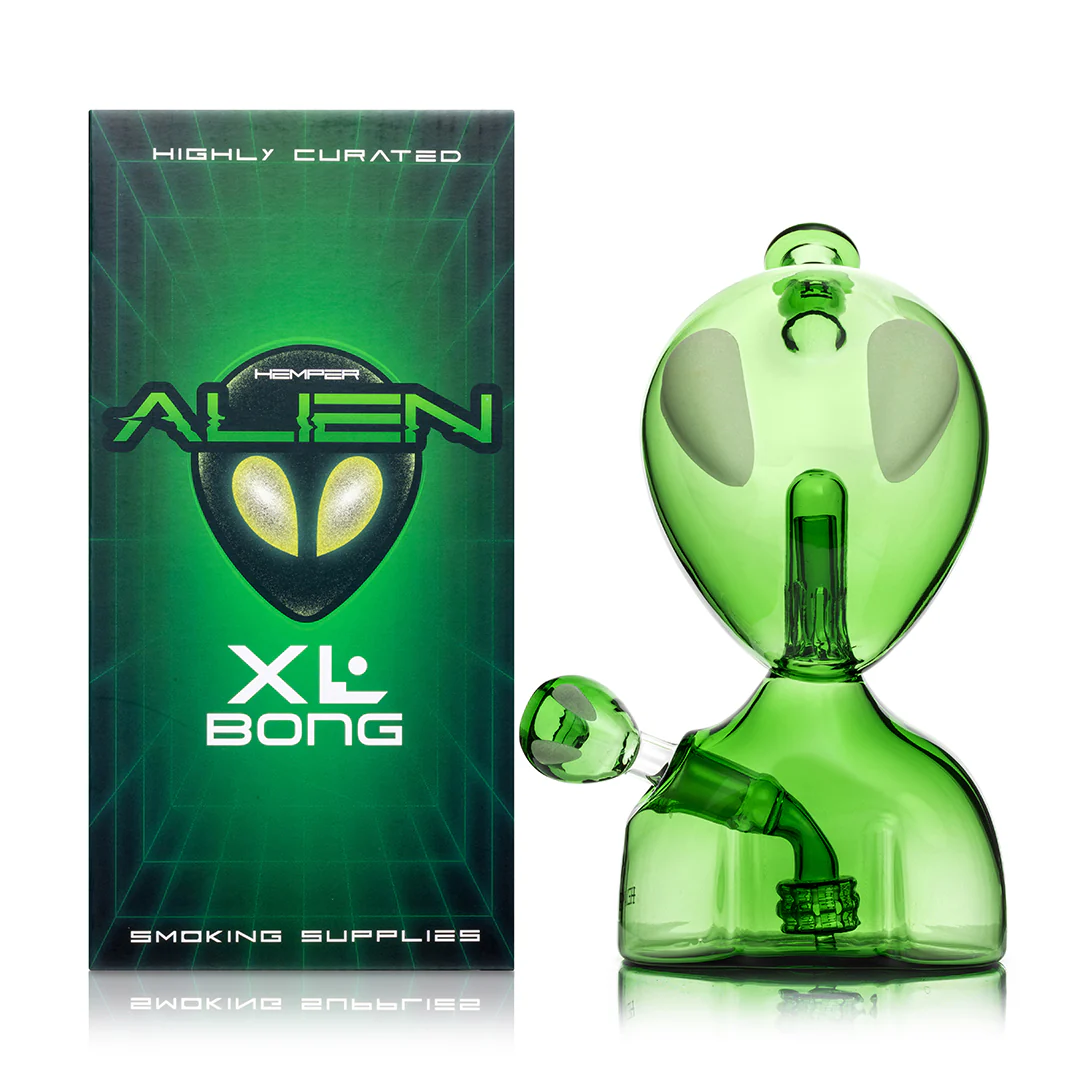 Alien XL Bong with full bust alien design, oversized glass for deep, smooth hits, and durable construction for collectors and enhanced smoking sessions.