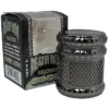 4.3 cm Death Row Records 4-part grid grinder in gunmetal with window feature, compact portable design, geometric grid pattern, and smooth grinding.