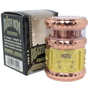 4.3 cm Death Row Records 4-part skull grinder in copper and gold with window feature, compact portable design, and smooth grinding, featuring a detailed skull motif.