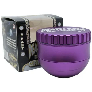 6 cm Death Row Records 4-part round bottom herb grinder in mystery colors (black, gold, silver, or purple), featuring smooth grinding, storage chamber, and durable compact design.